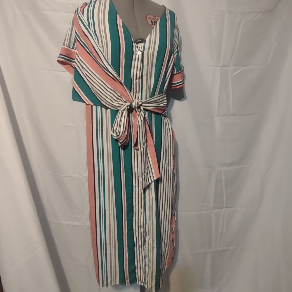 🍌 Lush Striped Multicolor Midi Dress Small White Green Pink Black